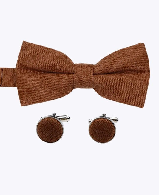 Noeud Papillon + Boutons de Manchette Marron n°1 Homme en Lin «Basile»