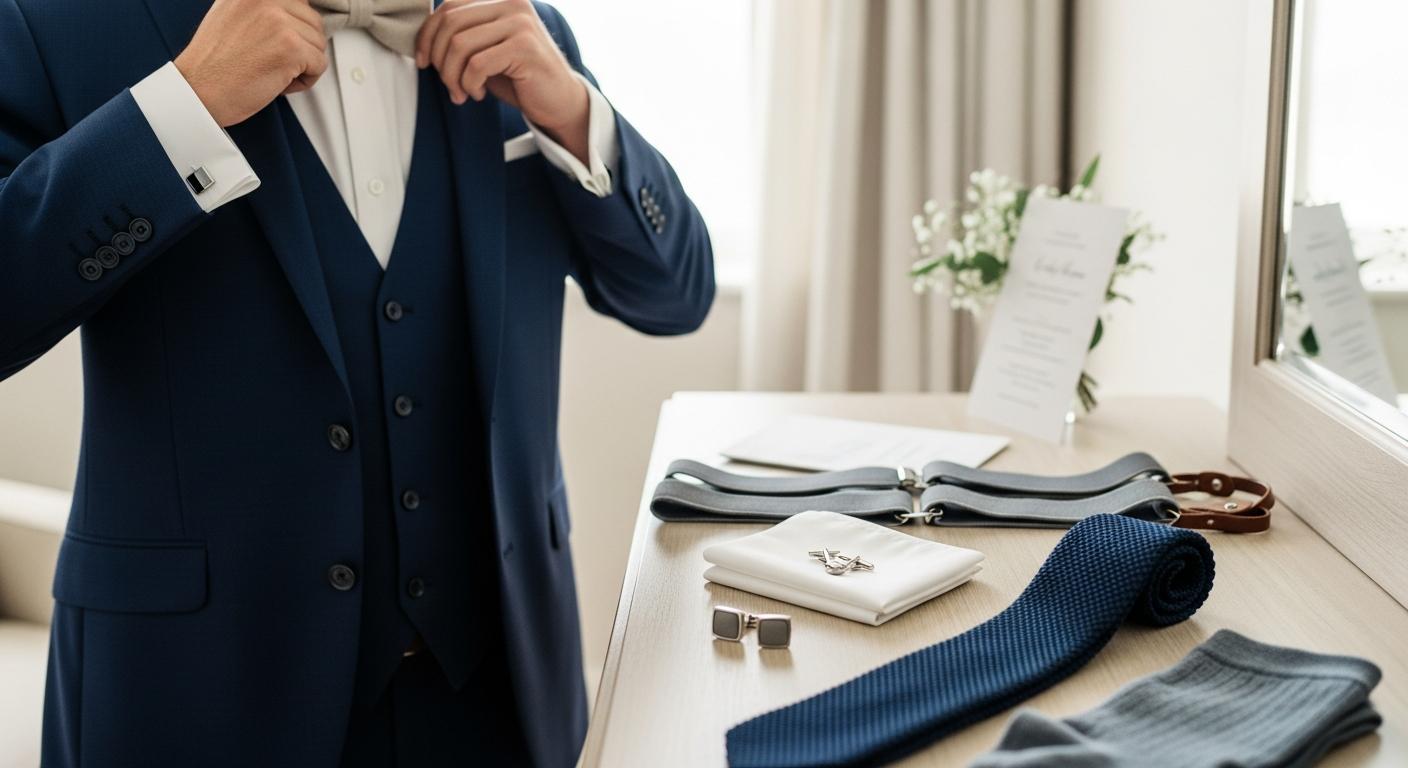 Marié en costume bleu marine ajustant un nœud papillon en lin, accessoires de costume posés sur une commode Imagen