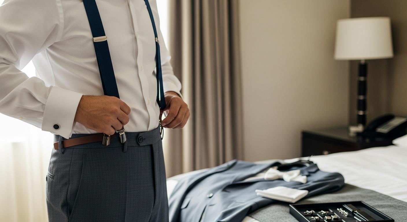 Homme en chemise blanche ajustant des bretelles bleu marine avec attaches en cuir, dans une chambre lumineuse avant un mariage Imagen