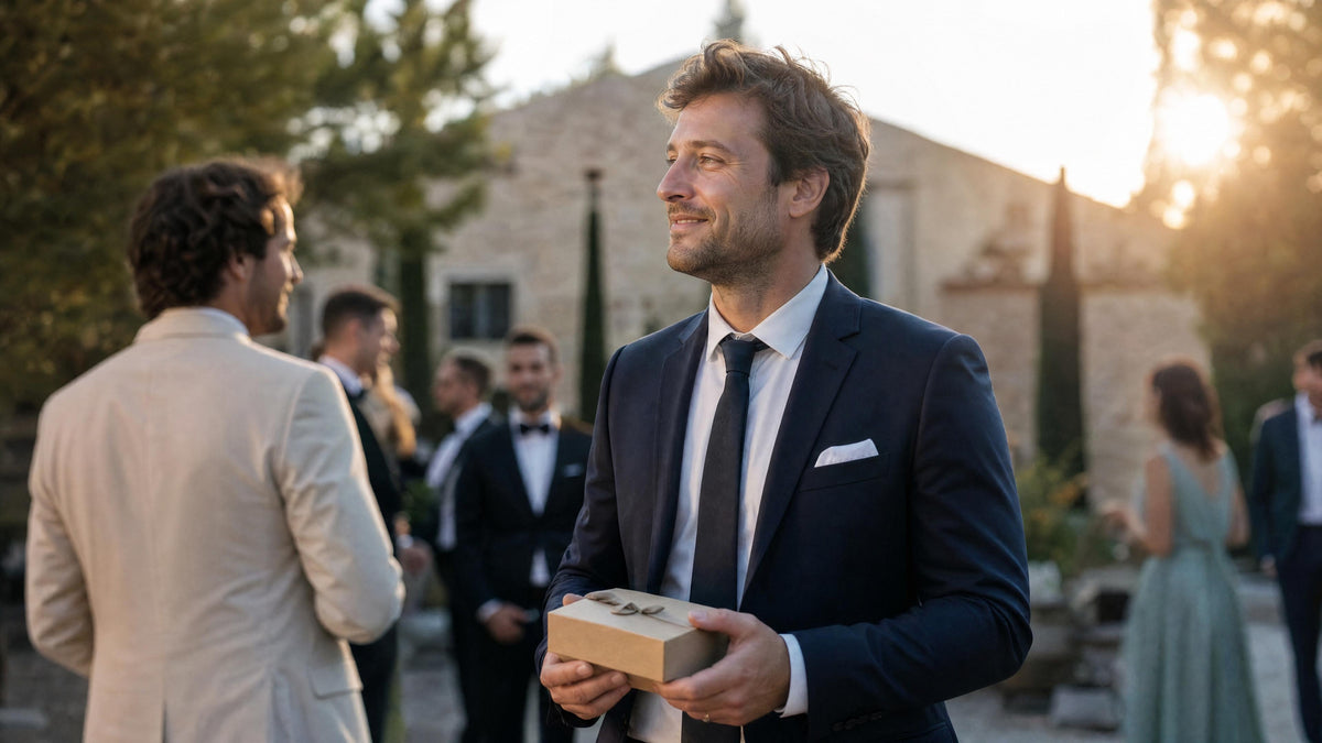 Témoin de mariage recevant un accessoire homme en cadeau, dans une ambiance de cérémonie élégante.