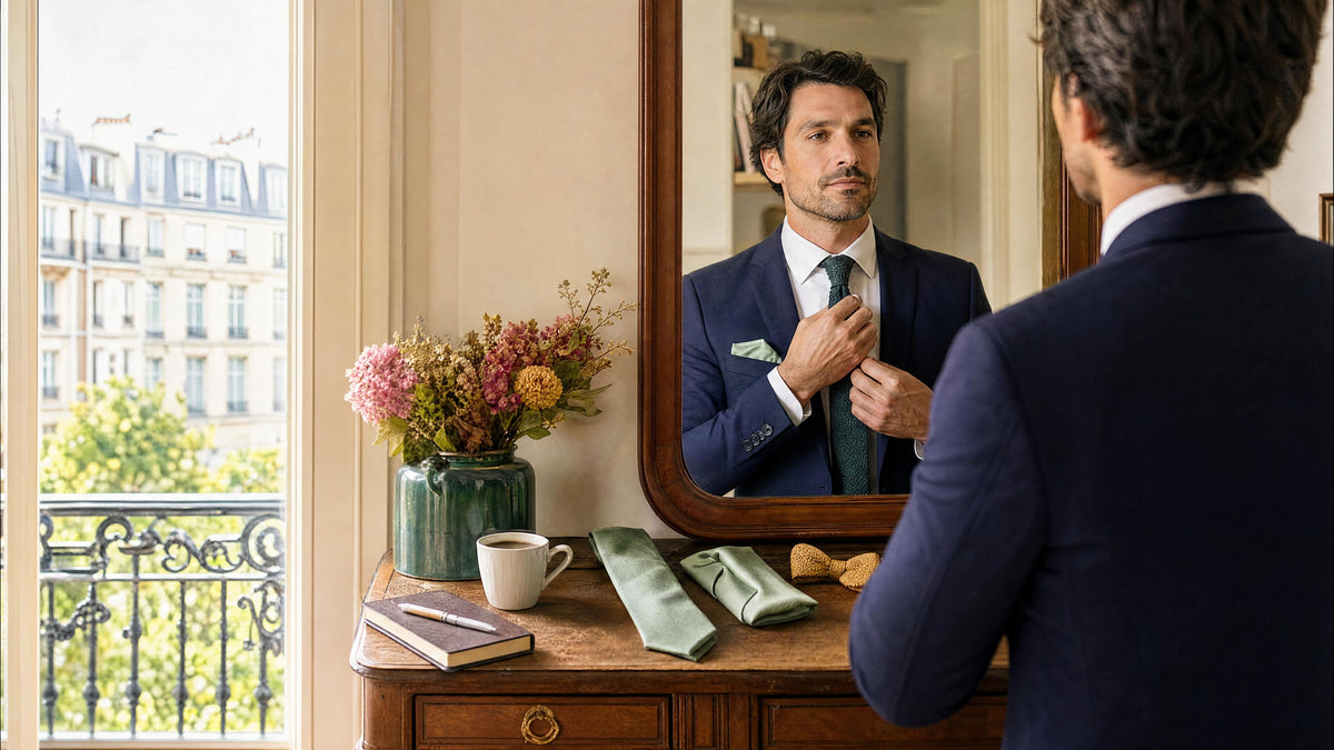 Homme en blazer bleu marine ajustant sa cravate, avec une pochette de costume et des accessoires vert sauge posés sur une commode, ambiance rentrée au bureau. Imagen