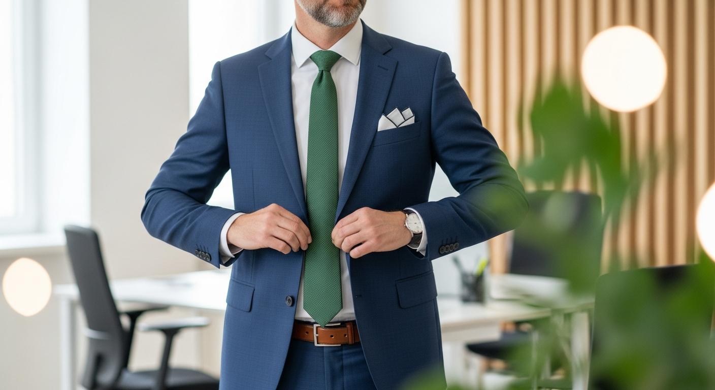 Homme en costume bleu marine portant une cravate vert forêt et une chemise blanche dans un bureau lumineux Imagen