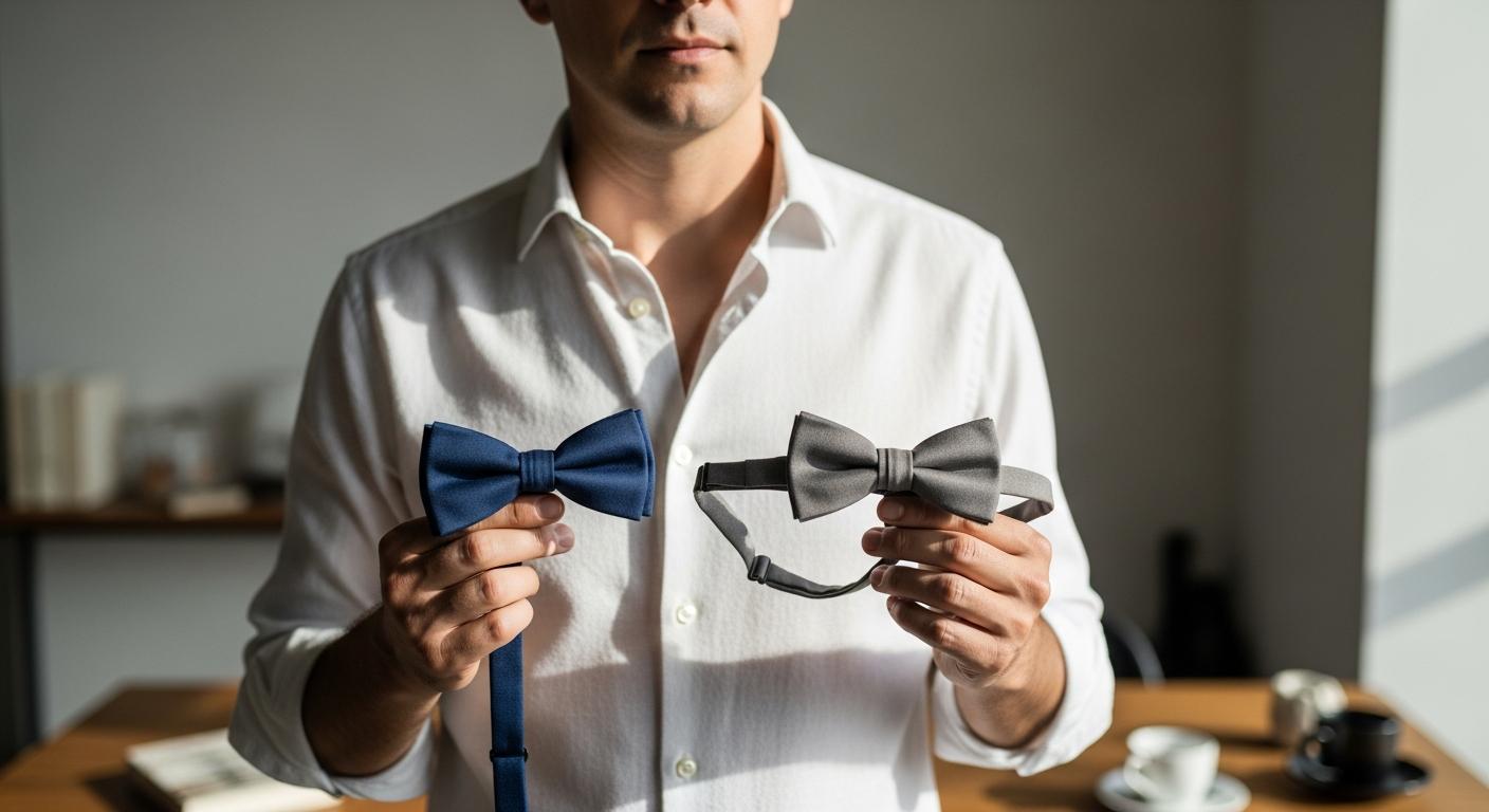 Homme en chemise blanche comparant un nœud papillon à nouer et un modèle ajustable dans un intérieur lumineux Imagen