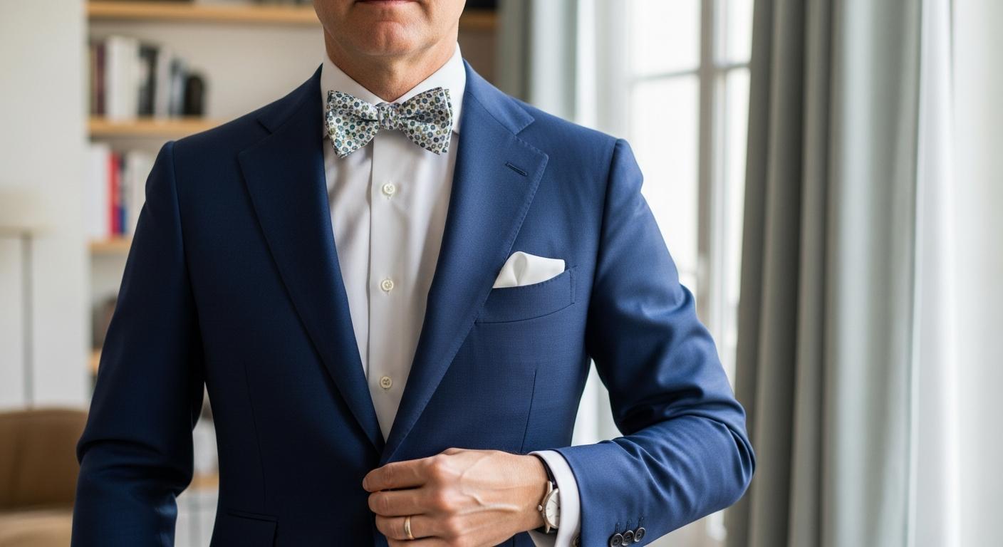Homme en costume bleu marine portant un nœud papillon liberty avec chemise blanche, photographié en lumière naturelle dans un intérieur élégant Imagen