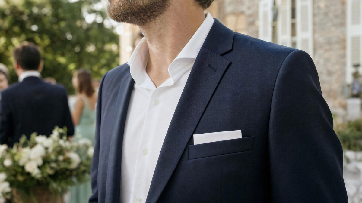 Homme en costume avec pochette de costume pour mariage, style élégant et formel. Imagen