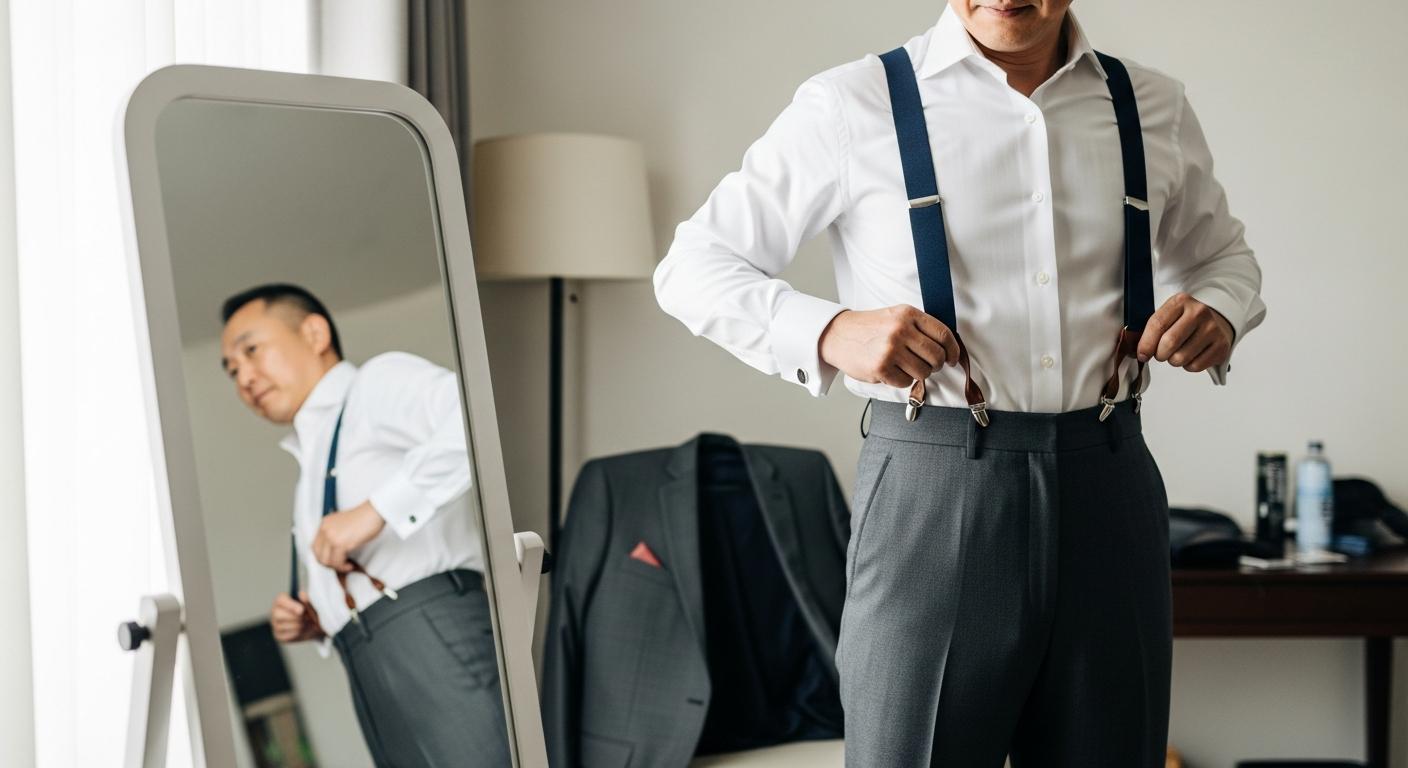 Homme en chemise blanche réglant ses bretelles bleu marine devant un miroir, avec pantalon de costume gris taille haute, dans une pièce lumineuse Imagen