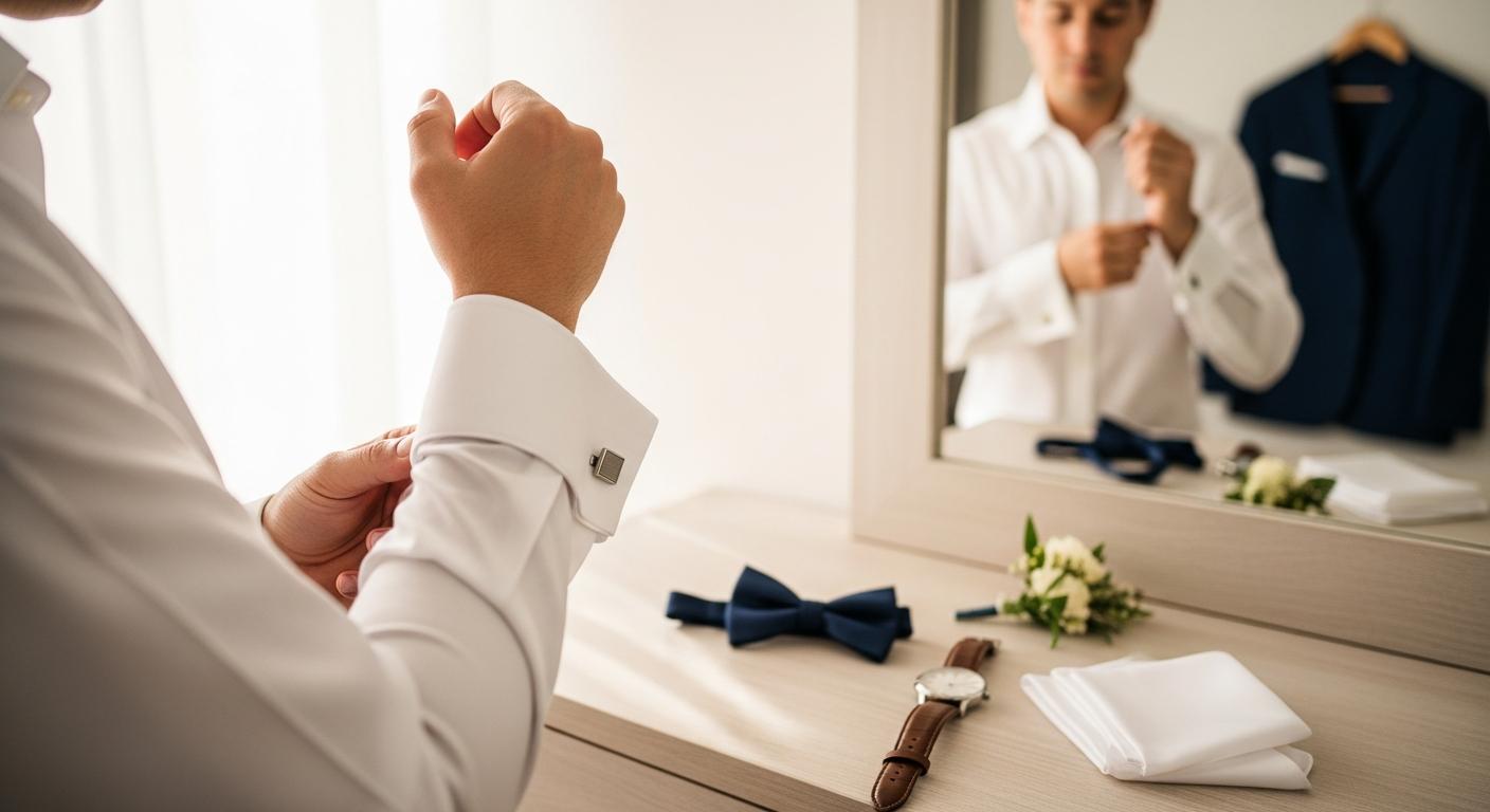 Homme en chemise blanche ajustant des boutons de manchette avant un mariage, accessoires posés sur une commode Imagen