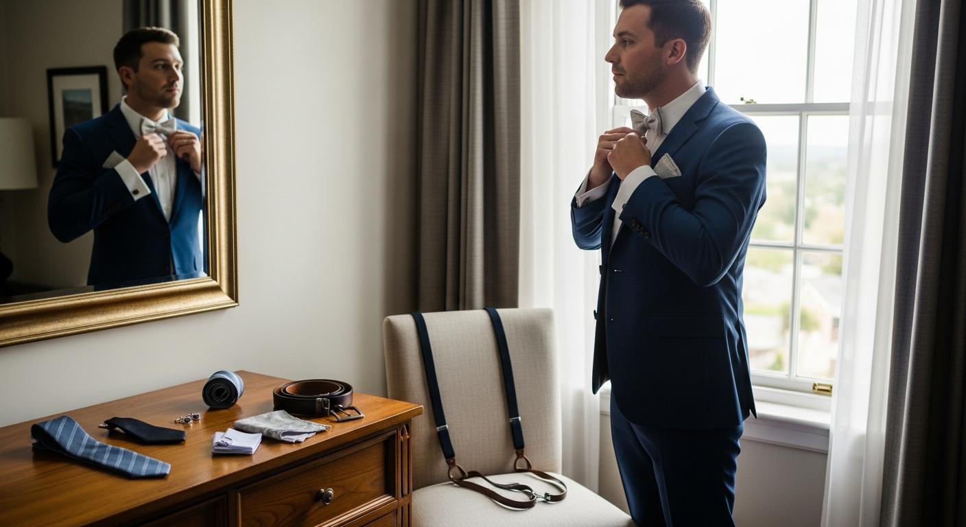 Témoin ajustant son nœud papillon devant un miroir, costume bleu marine et accessoires assortis, dans une chambre d’hôtel avant un mariage Imagen