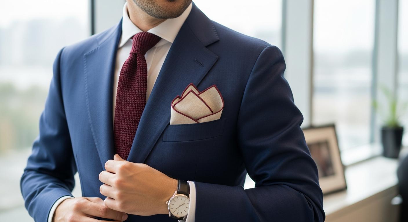 Homme en costume bleu marine avec chemise blanche et cravate bordeaux, portant une pochette en lin écru à liseré bordeaux dans la poche poitrine, lumière naturelle en bureau Imagen