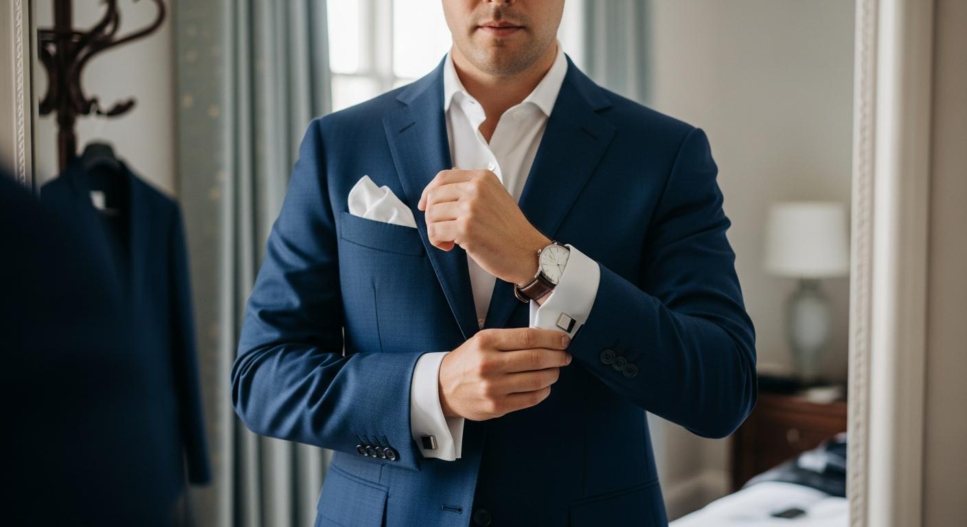 Homme en costume bleu marine ajustant des boutons de manchette argentés sur une chemise blanche, devant un miroir en lumière naturelle Imagen