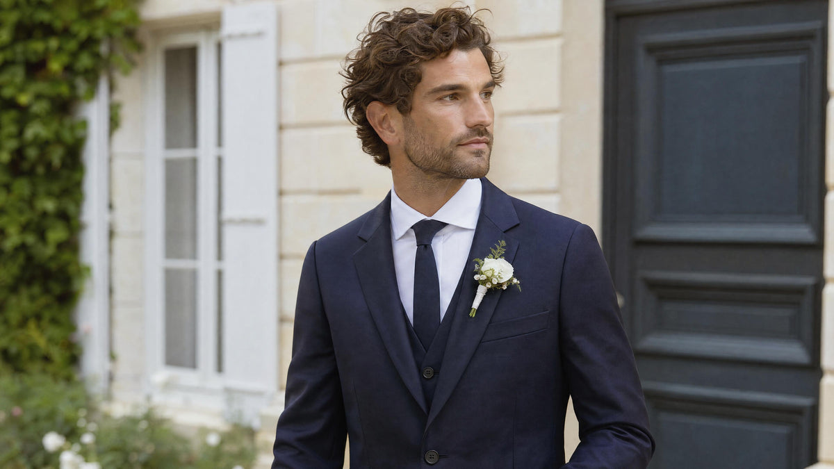 Homme en costume portant une boutonnière sur le revers gauche de sa veste Imagen