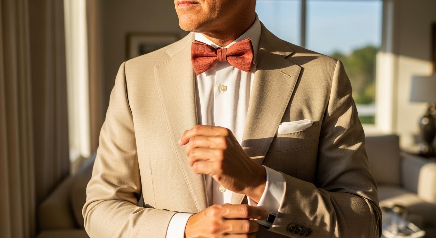 Homme en costume beige avec chemise blanche portant un nœud papillon terracotta dans une lumière douce, ambiance élégante et naturelle Imagen