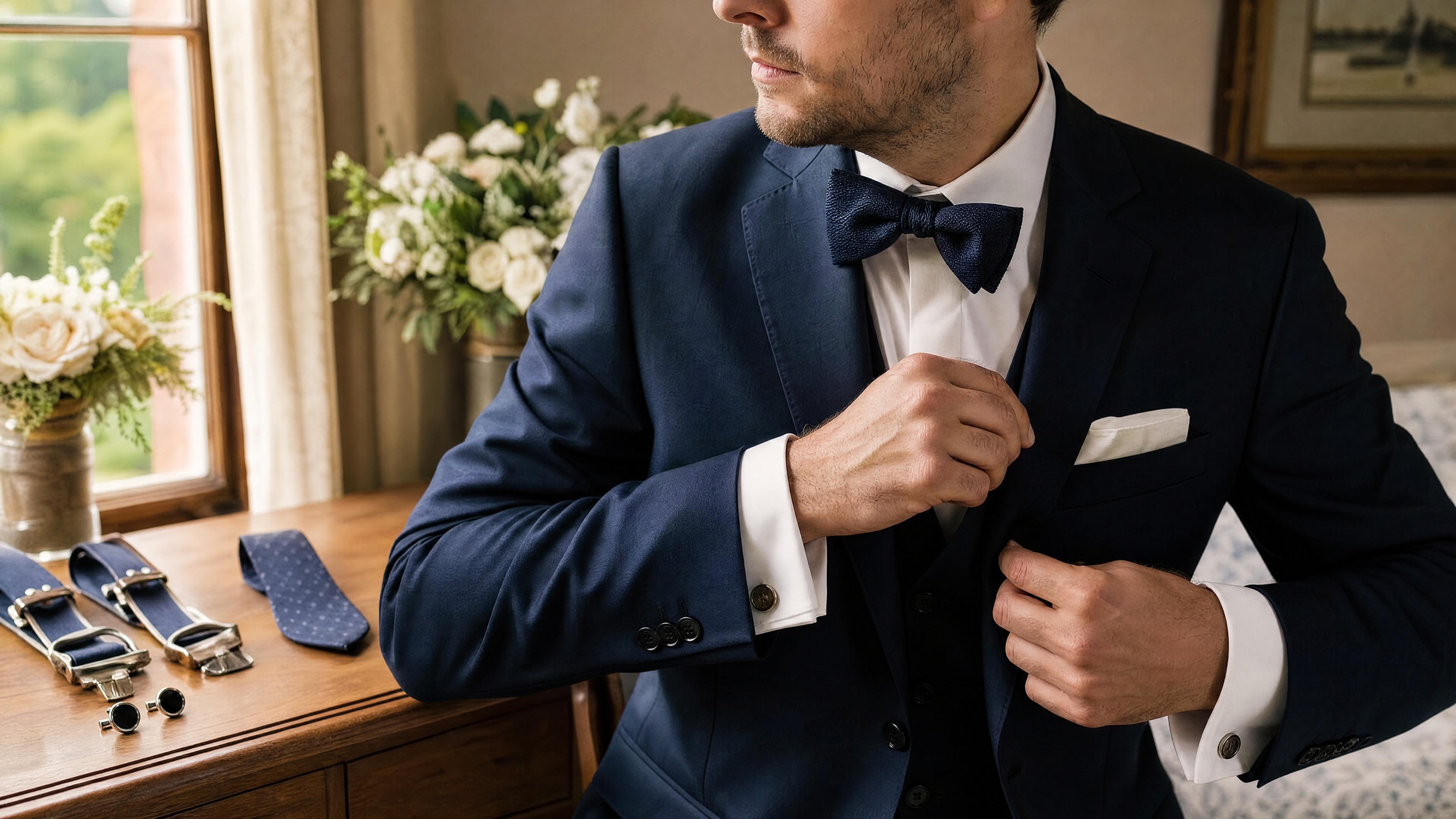 Homme en costume ajustant son nœud papillon et sa pochette lors des préparatifs d’un mariage Imagen