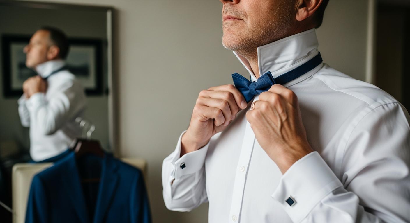 Homme ajustant un nœud papillon devant un miroir, en chemise blanche, pour illustrer le choix selon la morphologie Imagen