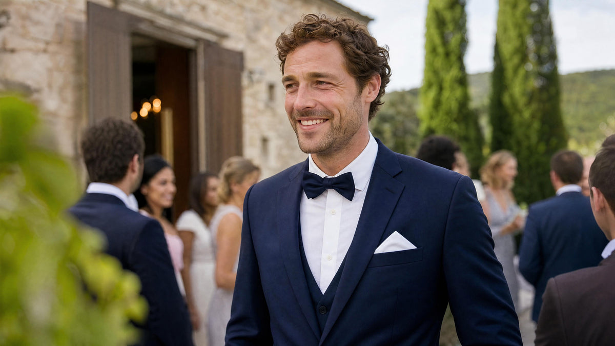 Homme en tenue de mariage avec accessoires assortis à un costume bleu marine. Imagen