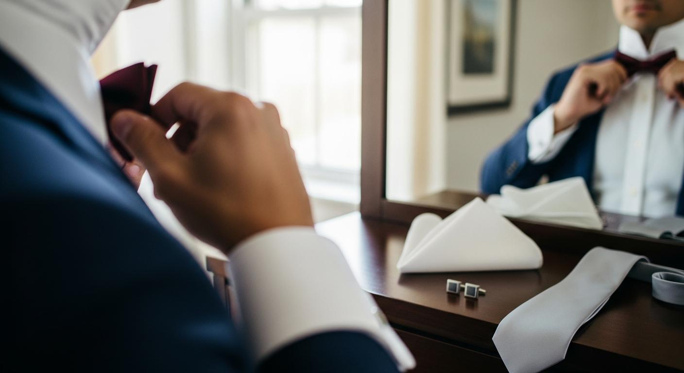 Homme en costume bleu marine ajustant un nœud papillon bordeaux devant un miroir, avec accessoires de mariage posés sur une commode Imagen