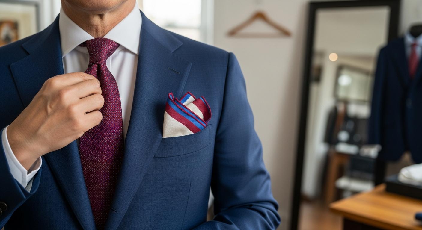 Homme en costume bleu marine avec cravate bordeaux et pochette en lin ivoire assortie, photographié en lumière naturelle près d’une fenêtre Imagen