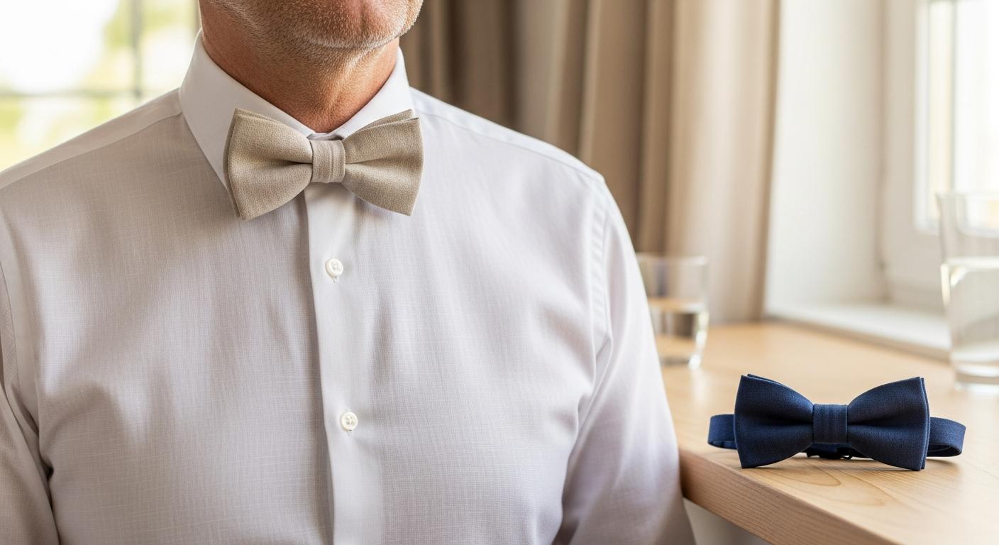 Homme en chemise blanche portant un nœud papillon en lin beige, avec un nœud papillon en coton bleu marine posé sur une table en bois dans une lumière douce d’été Imagen