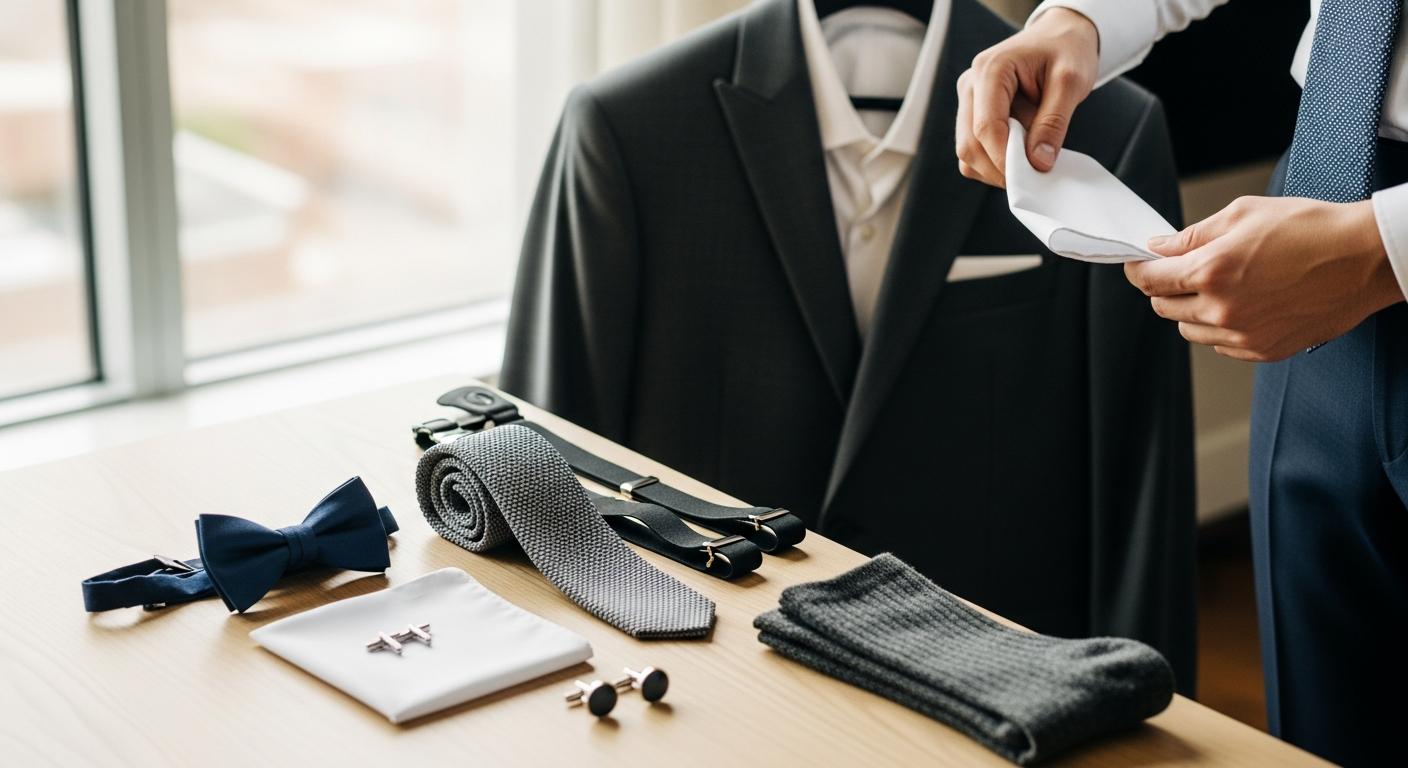 Accessoires de costume posés sur une table en bois, avec un homme qui compare nœud papillon, cravate et pochette près d’une fenêtre Imagen