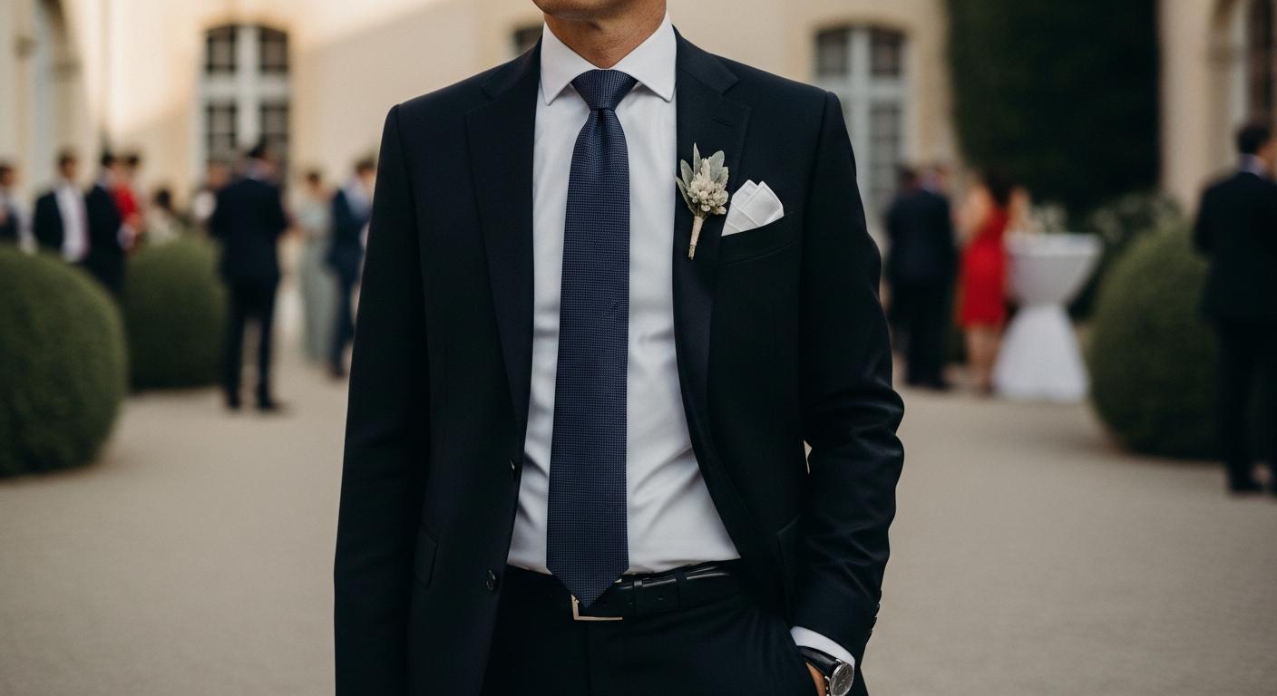 Homme en costume noir avec chemise blanche et cravate élégante lors d’un mariage, cadrage mi-corps en lumière douce Imagen