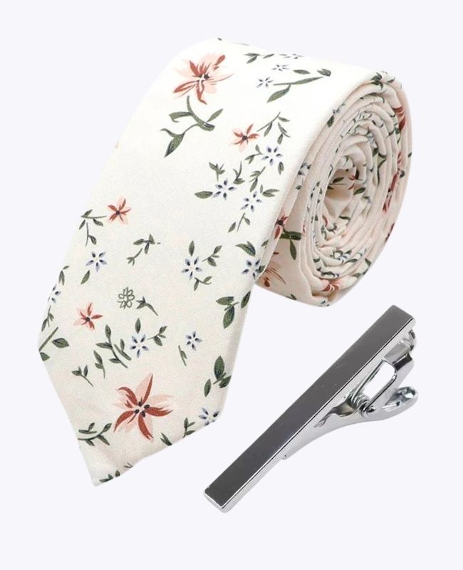 Corbata + Pasador de corbata Liberty Blanco n°8 Hombre en Algodón «Charles»