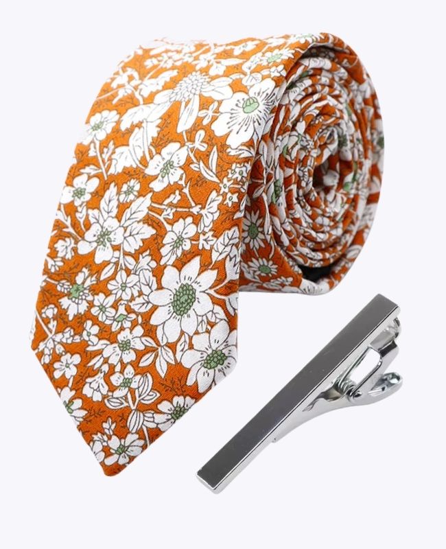 Corbata + Pasador de corbata Liberty Naranja Hombre en Algodón «Clovis»
