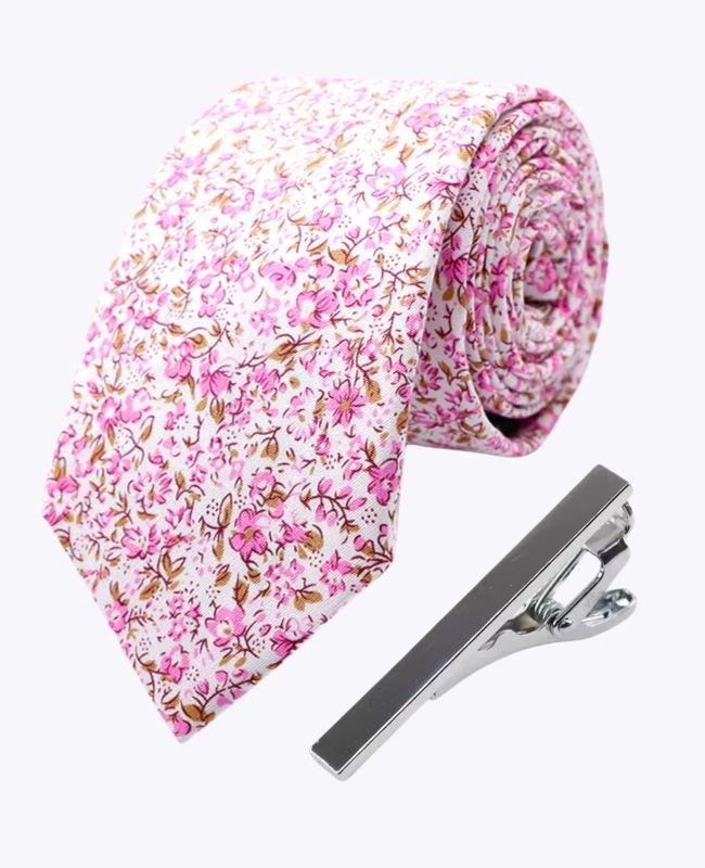 Corbata + Pasador de corbata Liberty Rosa n°4 Hombre en Algodón «Gaspard»