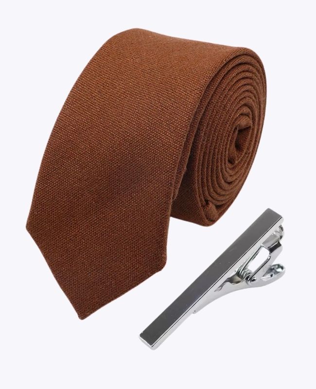 Corbata + Pasador de corbata Marrón n°1 Hombre en Lino «Basile»