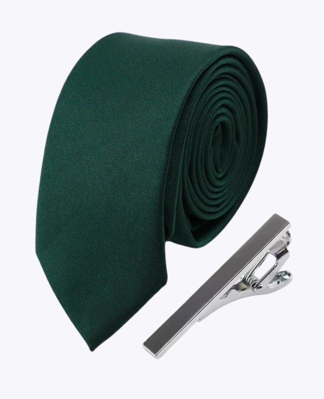 Corbata + Pasador de corbata Verde n°4 Hombre en Poliéster «Anatole»