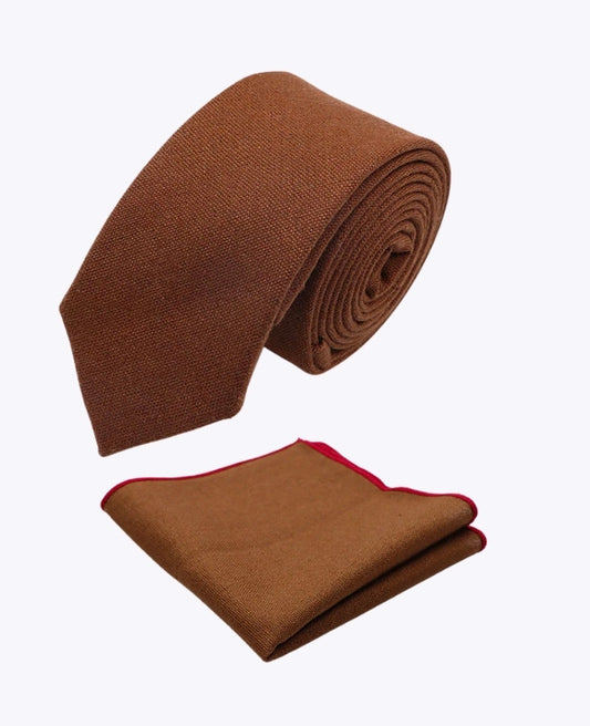 Cravate + Pochette de Costume Marron n°1 Homme en Lin «Basile»