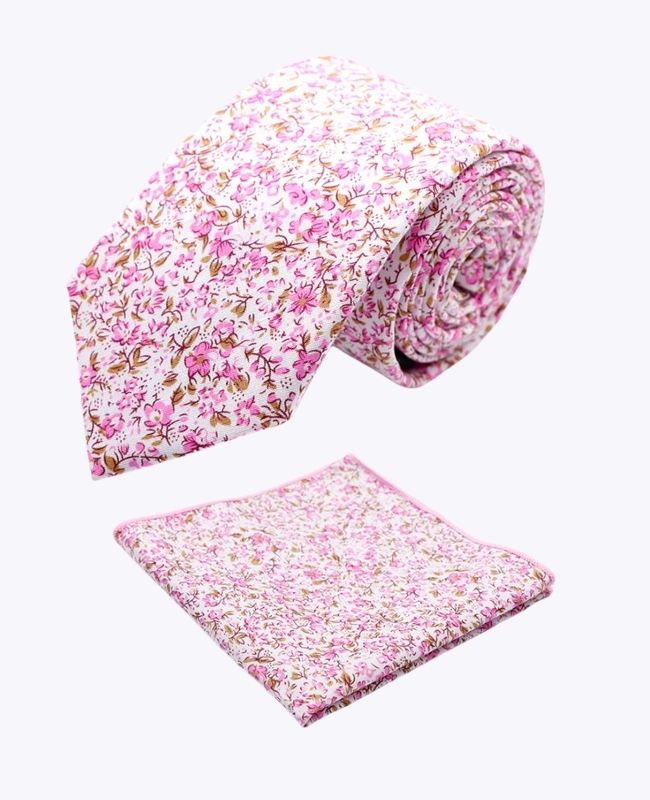 Corbata + Pañuelo de bolsillo Liberty Rosa n°4 Hombre en Algodón «Gaspard»