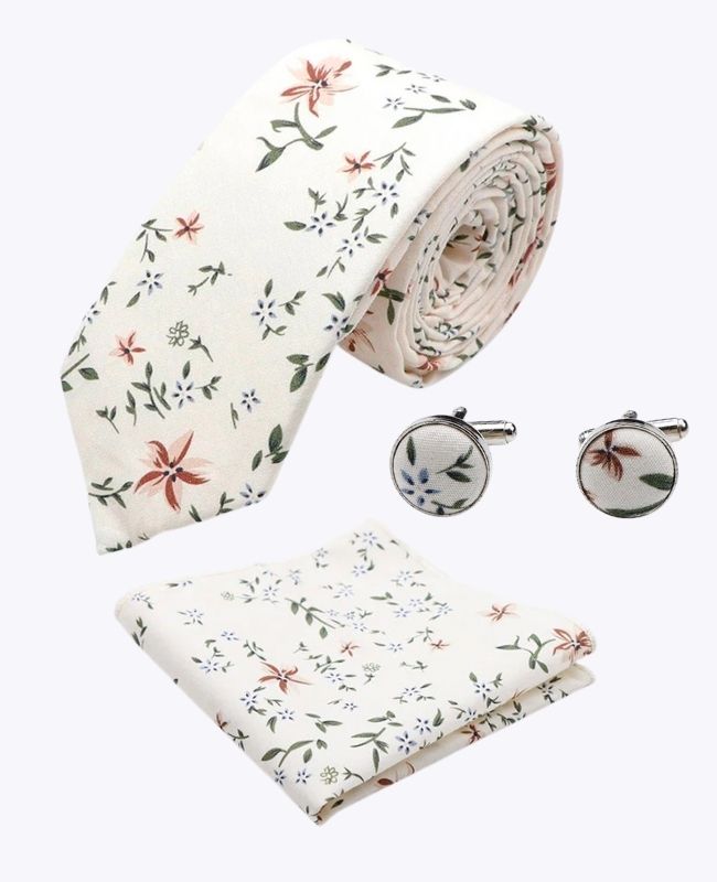 Corbata + Pañuelo de bolsillo + Gemelos Liberty Blanco n°8 Hombre en Algodón «Charles»