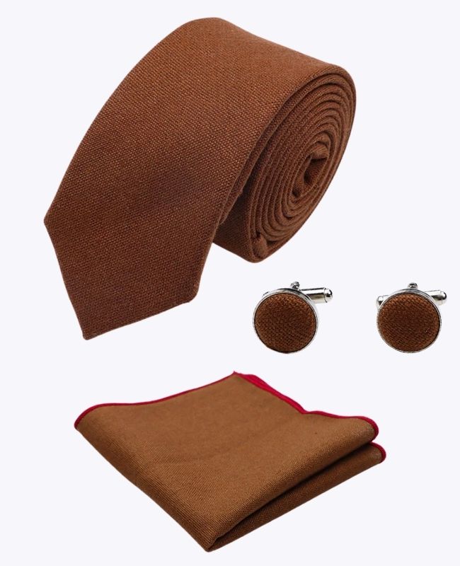 Corbata + Pañuelo de bolsillo + Gemelos Marrón n°1 Hombre en Lino «Basile»