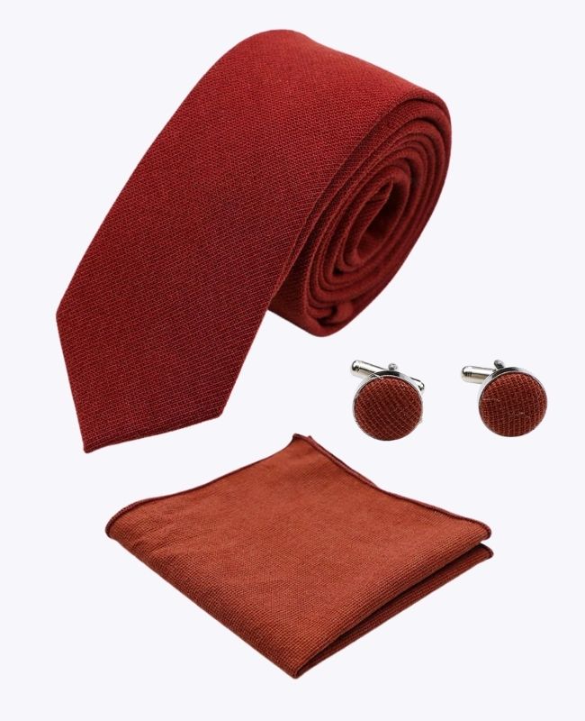 Corbata + Pañuelo de bolsillo + Gemelos Terracota Hombre en Algodón «Edgard»