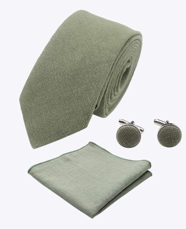 Corbata + Pañuelo de bolsillo + Gemelos Verde n°2 Hombre en Algodón «Edgard»