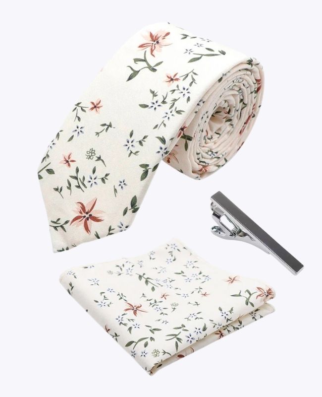 Corbata + Pañuelo de bolsillo + Pasador de corbata Liberty Blanco n°8 Hombre en Algodón «Charles»