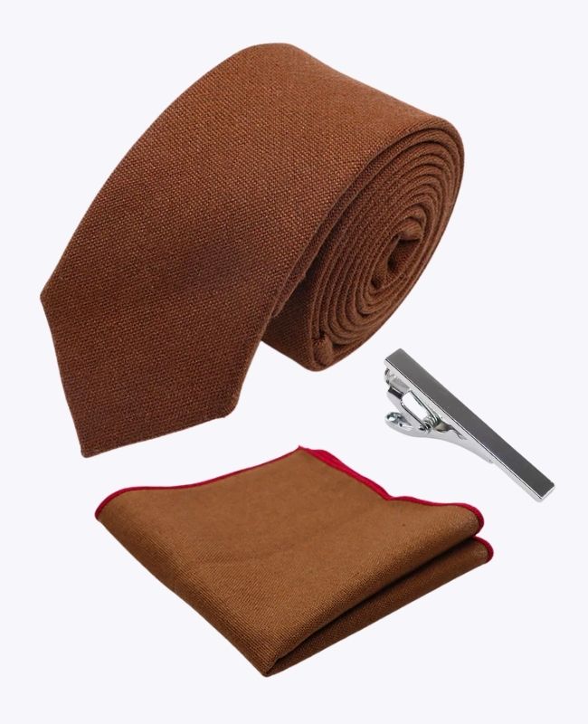 Corbata + Pañuelo de bolsillo + Pasador de corbata Marrón n°1 Hombre en Lino «Basile»