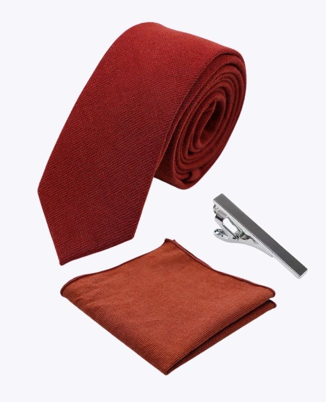 Corbata + Pañuelo de bolsillo + Pasador de corbata Terracota Hombre en Algodón «Edgard»