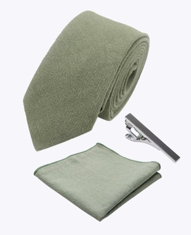 Corbata + Pañuelo de bolsillo + Pasador de corbata Verde n°2 Hombre en Algodón «Edgard»
