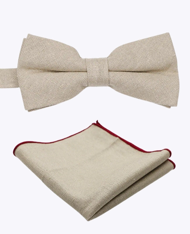 Noeud Papillon + Pochette de Costume Beige n°2 Homme en Lin «Basile»