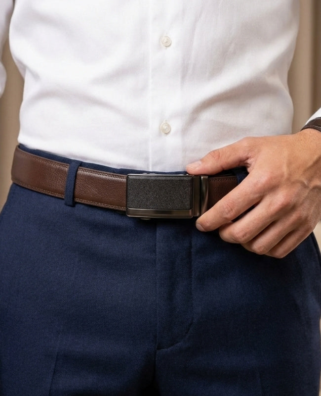 Cinturón de Traje Hombre Marrón en Cuero Sin Agujeros "Marceau"