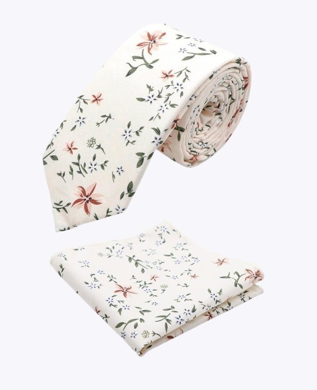 Corbata + Pañuelo de bolsillo Liberty Blanco n°8 Hombre en Algodón «Charles»