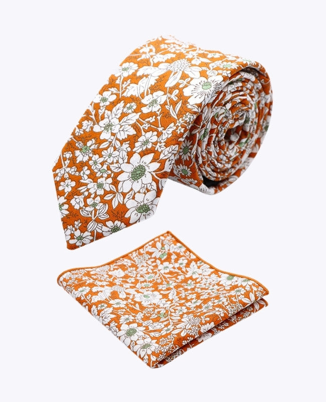 Corbata + Pañuelo de bolsillo Liberty Naranja Hombre en Algodón «Clovis»