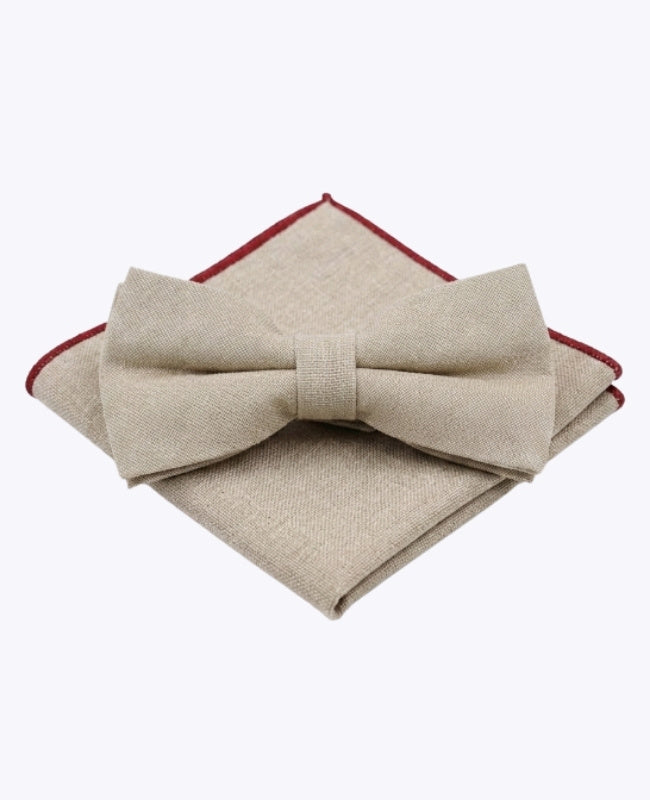 Pajarita + Pañuelo de bolsillo Beige n°2 Hombre en Lino «Basile»