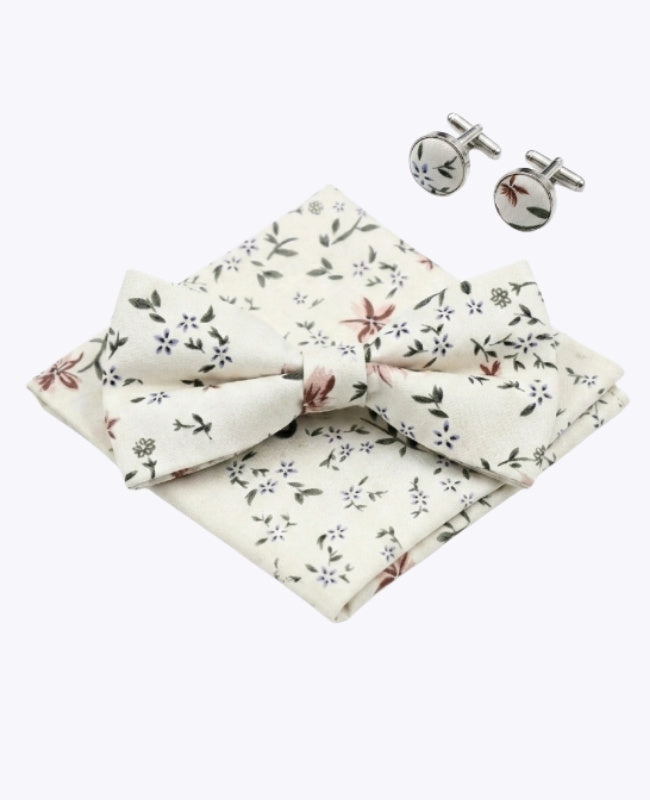 Pajarita + Pañuelo de bolsillo + Gemelos Blanco n°8 Hombre en Algodón «Charles»