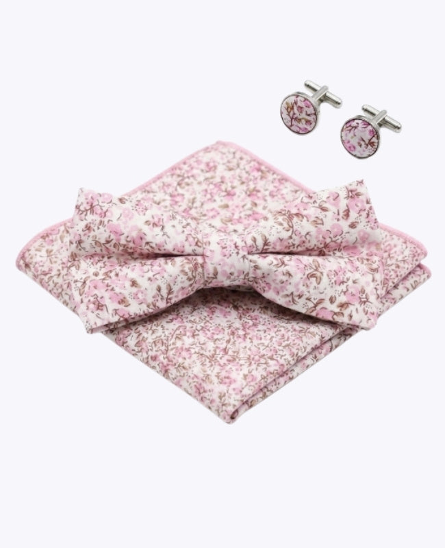 Pajarita + Pañuelo de bolsillo + Gemelos Liberty Rosa n°4 Hombre en Algodón «Gaspard»