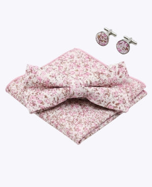 Pajarita + Pañuelo de bolsillo + Gemelos Liberty Rosa n°4 Hombre en Algodón «Gaspard»