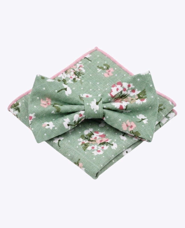 Pajarita + Pañuelo de bolsillo Liberty Verde n°3 Hombre en Algodón «Gaspard»