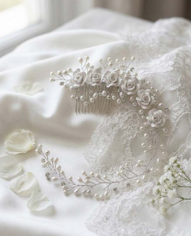 Peineta de novia Floral Plateado n°4 Mujer «Élise»