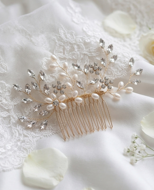 Peineta de novia Floral Dorado n°1 Mujer «Élise»